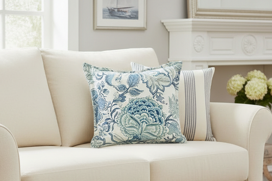 Throw Cushion with Flange Edge - Portsea (Ocean) with Sage Green Back