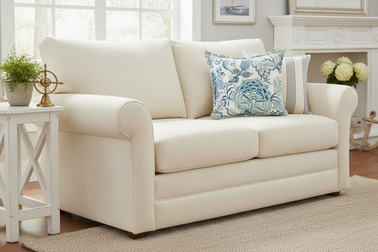 Beige sofa with a decorative pillow in a living room setting