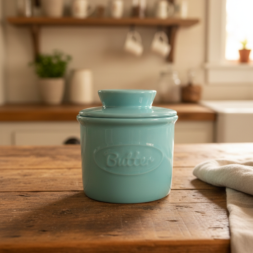 A light turquoise ceramic butter jar with a matching lid sits on a rustic wooden table in a softly blurred kitchen setting.