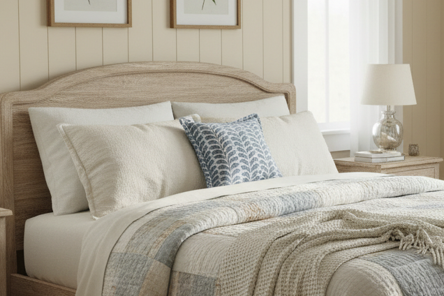 Decorative pillow with blue leaf pattern on a white background