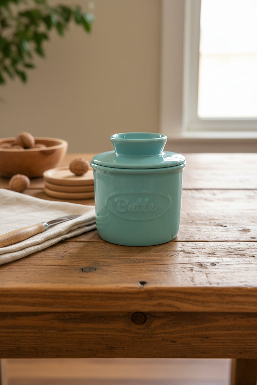 A light blue ceramic butter pail with a matching lid, featuring an embossed oval logo that reads 'Butter', set against a draped beige fabric background.