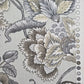 A close-up of a fabric or wallpaper pattern featuring large floral motifs in gray, beige, and black on a light gray background, with a row of small circular color swatches along the top edge.