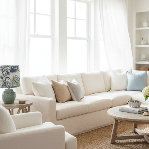 Table lamp with a decorative blue and white floral shade on a white background
