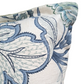Close-up of a decorative pillow with blue and green floral pattern on a white background