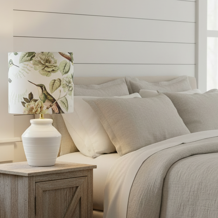 A styled bedroom scene showing a bed dressed in light beige linens and pillows, with a wooden nightstand beside it holding a white lamp with a floral-patterned shade against a white shiplap wall.