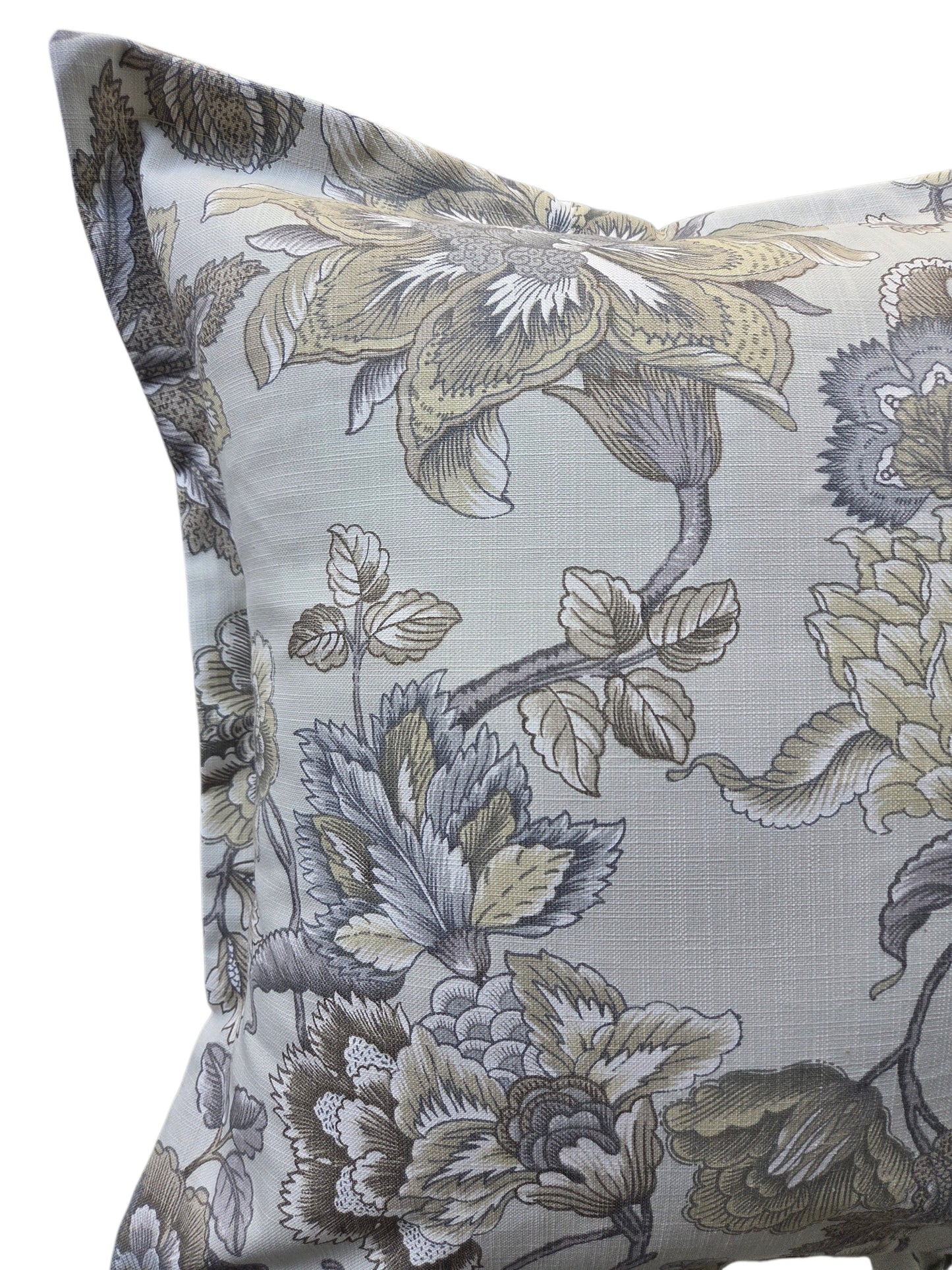 A square decorative throw pillow featuring a classic floral toile pattern in muted gray, beige, and olive green tones on a light gray background.