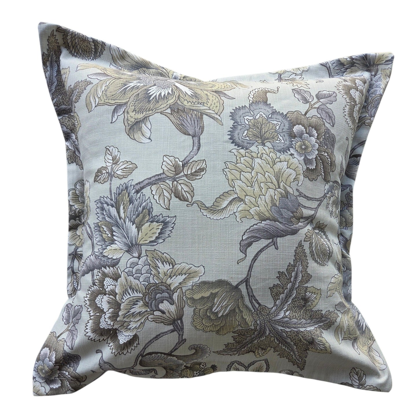 A square decorative throw pillow featuring an intricate floral damask pattern in muted gray, beige, and olive tones, set against a plain white background.