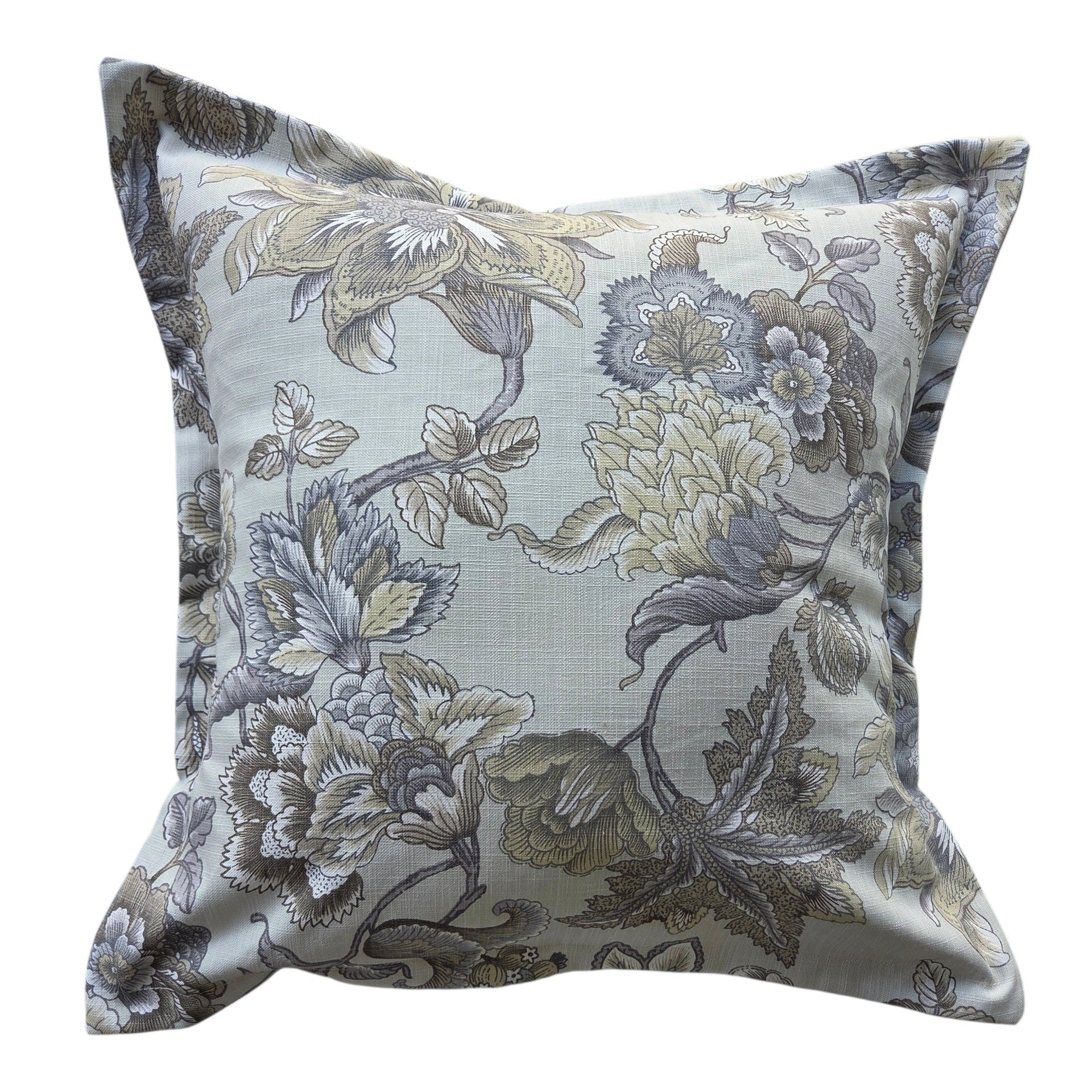 A square decorative throw pillow featuring an intricate floral damask pattern in muted gray, beige, and olive tones, set against a plain white background.