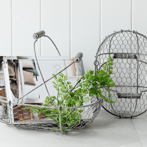 Two wire baskets with plants on a white background