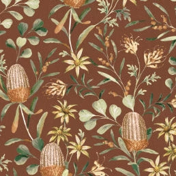 Floral pattern with green leaves and brown flowers on a brown background