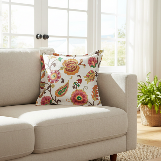 Decorative pillow with floral and paisley pattern on a white background