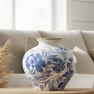 Ceramic vase with blue floral patterns on a white background